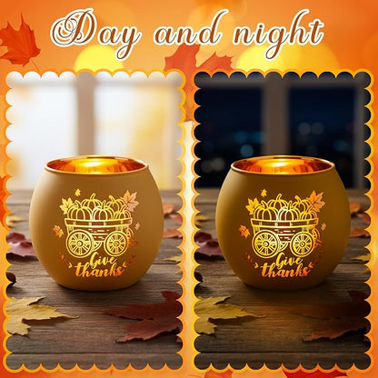 VIHOSE 6 Set Thanksgiving Votive Candle Holders with 6 LED Battery Operated Candles Fall Glass Tealight Holders Fall Table Decorations for Home Table Centerpiece Decor Gifts