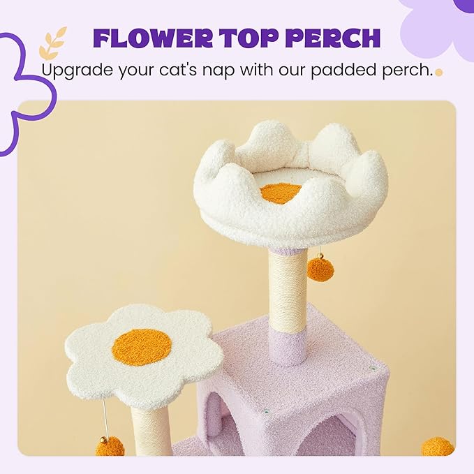 MWPO Flower Cat Tree for Indoor Cats, 63.8 Inches Multi-Level Cat Tower with Sisal-Covered Scratching Posts, Padded Platform, Hammock, Dangling Toys, Stable Cat Condo Pet Play House-Mewly Pet