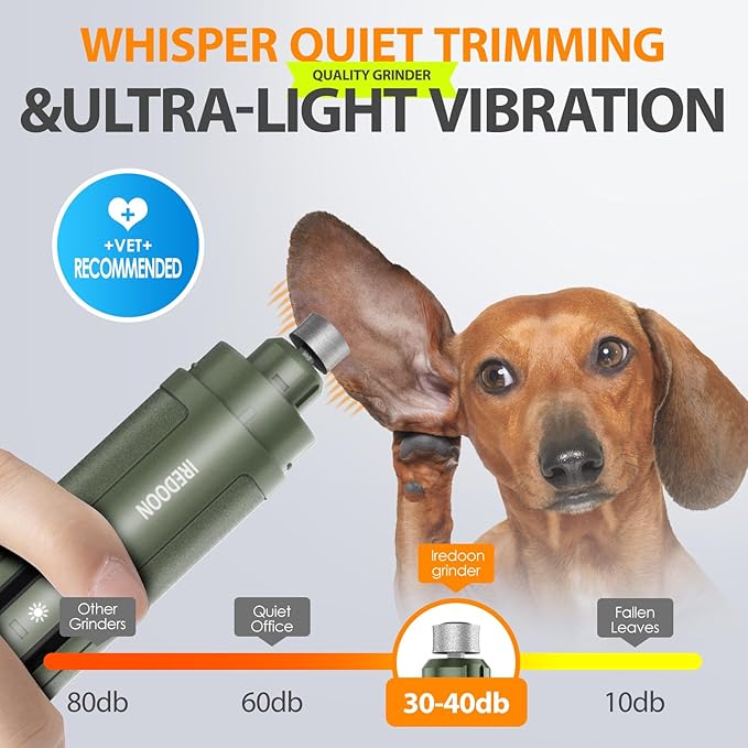Dog Nail Grinder Upgraded - Professional 3-Speed Super Quiet and Low Vibration Electric Pet Nail Grinder with 4 LED Lights - Painless Paws Grooming & Smoothing for Small to Large Dogs (Green)-Mewly Pet