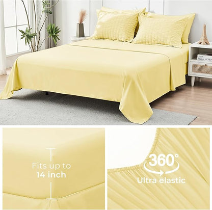 HYMOKEGE Yellow King Size Comforter Set Seersucker 7 Pieces, All Season Luxury Bed in a Bag for Bedroom, Bedding Set with Comforter, Sheets, Pillowcases & Shams