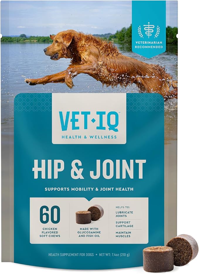 VetIQ Hip & Joint Supplement for Dogs, Anti Inflammatory Joint Support, Glucosamine, MSM, and Krill, Chicken Flavored Soft Chews, 60 Count-Mewly Pet