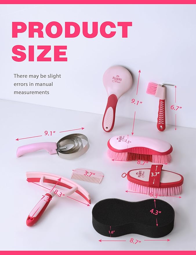 9PCS Horse Grooming Kit Curry Comb Sweat Scraper Horse Bathing Supplies Grooming Tools with Storage Bag Pink Garnet-Mewly Pet