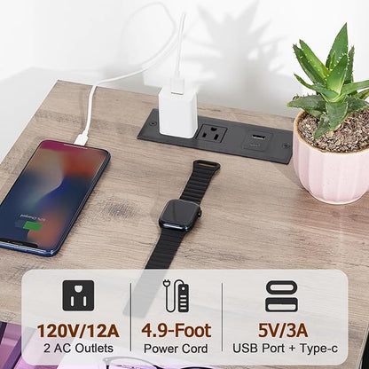 AMHANCIBLE Night Stand Set 2, LED Nightstand with Charging Station, End Tables Living Room with Fabric Drawers, Bedside Table for Bedroom, Greige, HET052LGY
