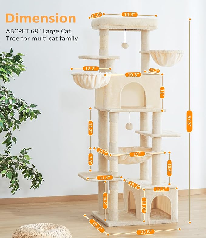 Cat Tree Large Cat Tower Tree 68" Multi-Level Cat Tower for Indoor Cats with Sisal Scratching Posts, Widen Cat Perche, Square Hammock, 2 Widen Condos, Scratching Posts, Beige-Mewly Pet