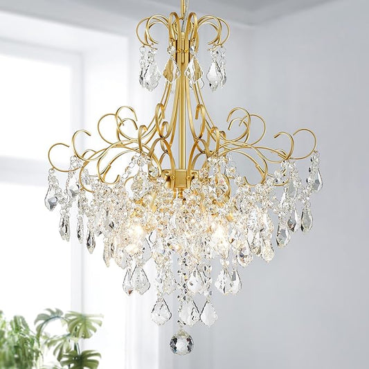 WUZUPS Crystal Chandelier 5-Light Pendant Ceiling Light Modern Lighting Fixture for Dining Room Hallway Bedroom Kitchen Bathroom, H 22.4" x W 18.3", E12 Base, Gold