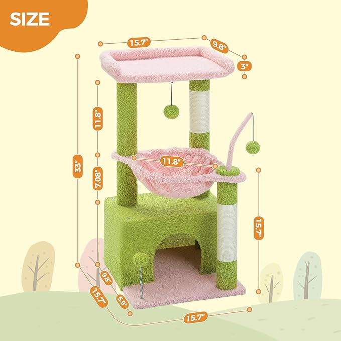 PEQULTI 4-in-1 Multi-Level Cat Tower, 33'' Pink Cat Tree for Indoor Cats with Large Condo, Scratching Post for Cats with Deep Hammock& Cozy Top Perch-Mewly Pet
