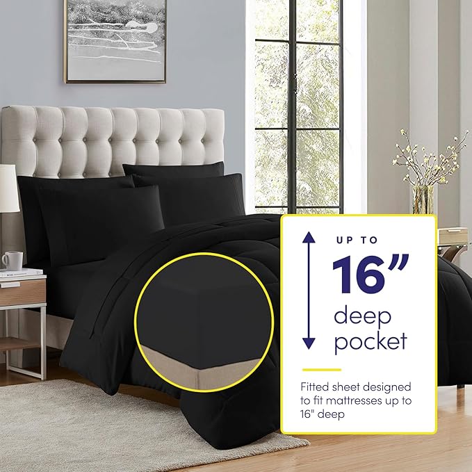 California King Comforter Set - Soft & Breathable 7-Piece Bedding Collection - 1 Comforter, 1 Fitted Sheet, 1 Flat, 4 Pillowcases - Deep Pocket - Premium Quality - Ideal for All Seasons, Black