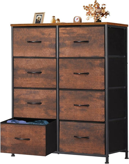 OLIXIS Dresser for Bedroom, 8 Storage Drawers, Tall Large Fabric Storage Tower Organizer, Chest of Drawers with Metal Frame Wooden Top for Nursery, Closet, Living Room, Entryway, Classic Rust Brown