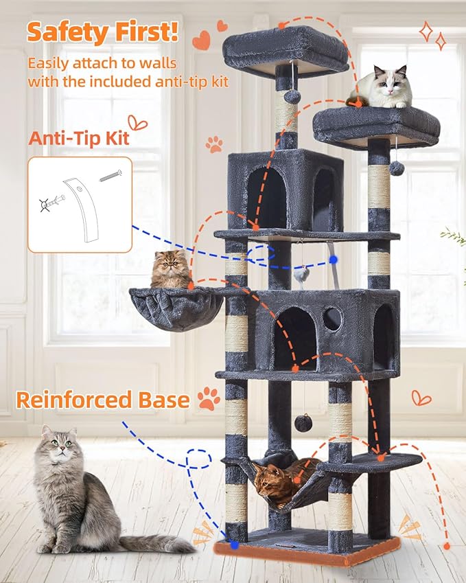 Taoqimiao Large Cat Tree，73-Inch Cat Tree Tower with 9 Scratching Posts for Indoor Cats, 2 Large Cat Condo with Hammock, Hanging Basket, 2 Extended Platform, Smoky Gray MS013XLG-Mewly Pet