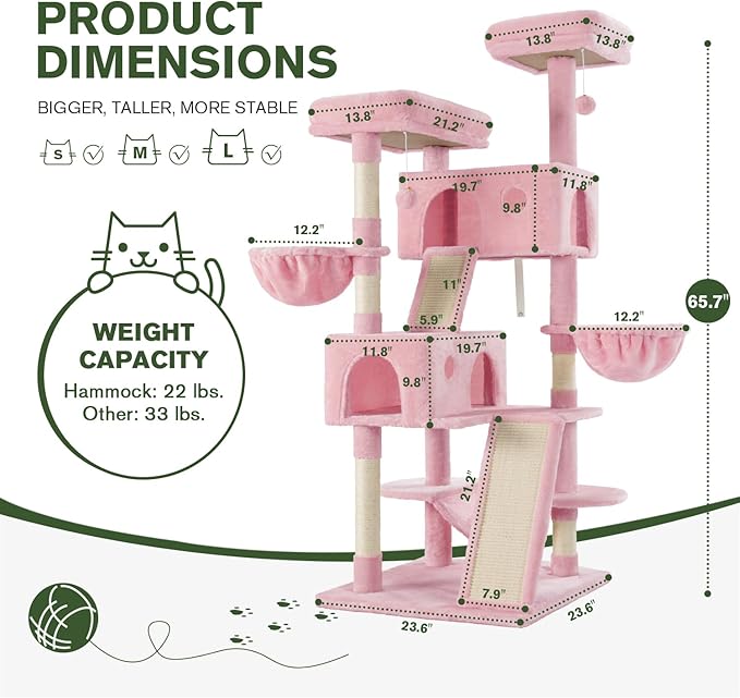 MUTICOR 66 Inches Multi-Level Large Cat Tree Tower for Indoor Big Feline/Cozy Plush Perches/Condo/Sisal Scratching Posts/Hammock and Baskets/Activity Center Play House/Wide Base/Pink-Mewly Pet