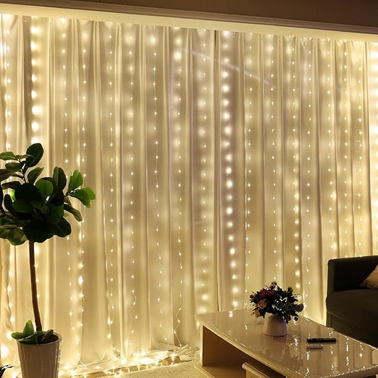 HXWEIYE 300LED Fairy Curtain Lights, 9.8x9.8Ft USB Plug-in 8 Modes Christmas String Hanging Lights with Remote for Bedroom Backdrop Wedding Party Indoor Wall Decor, Warm White, Tangle-Free