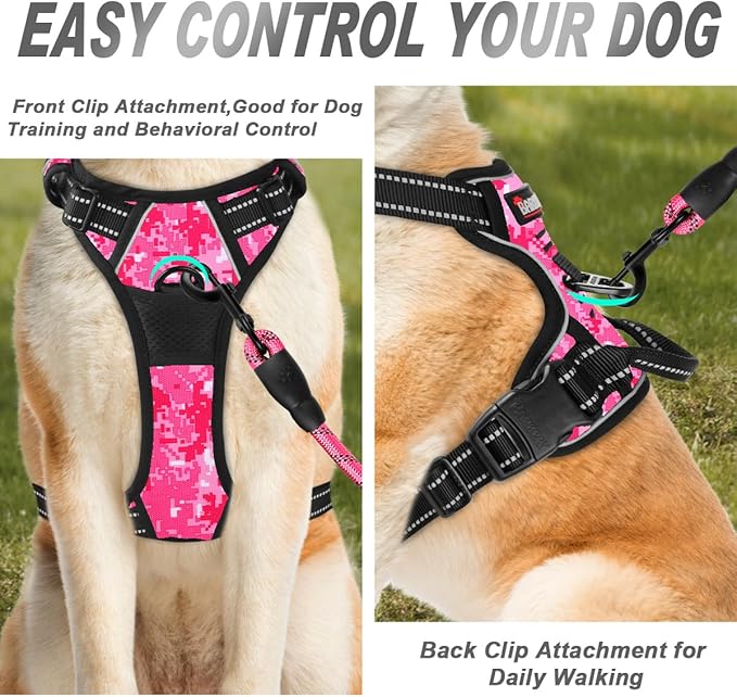 BARKBAY No Pull Dog Harness Front Clip Heavy Duty Reflective Easy Control Handle for Large Dog Walking(Pink camo,M)-Mewly Pet