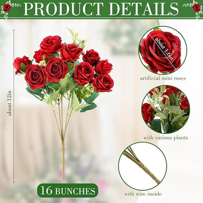 Zeyune 16 Bunches 12 Inch Artificial Mini Rose Bouquet 160 Heads Bridal Flower Bouquets Fake Silk Rose Bulk for Wedding Bridal Shower Christmas Home Office Garden Decoration(Red)
