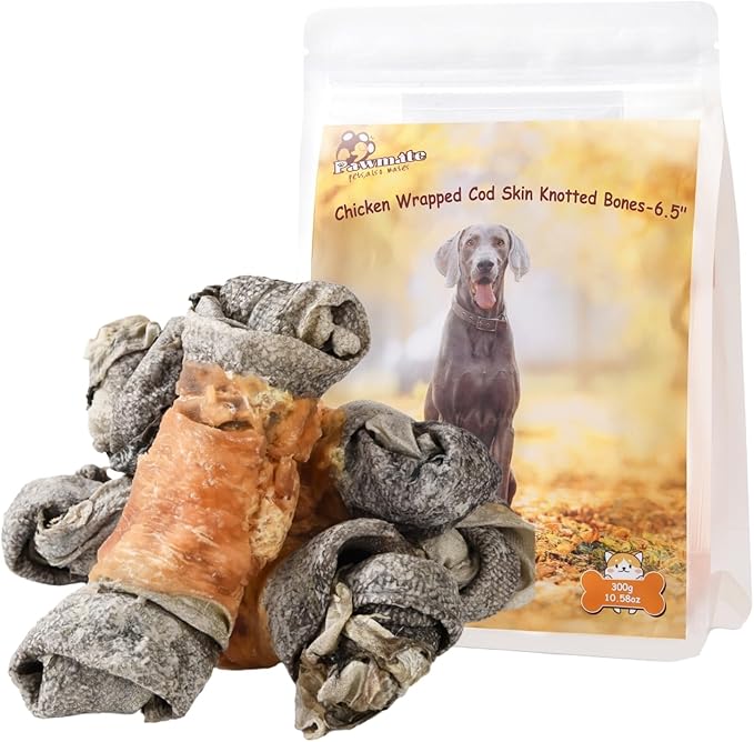 Dog Treats Chicken Wrapped Cod Skin Knotted Bones-6.5", All-Natural Healthy Fish Skin Dog Chew Treats, Rich in Omega-3 Protein, 4 Counts, 10.6 OZ-Mewly Pet