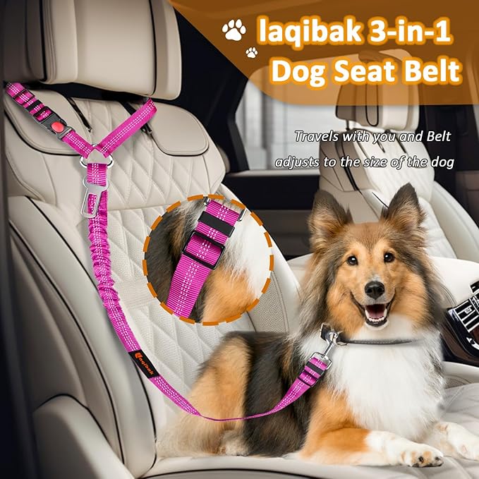 Removable Dog Seat Belt Harness for Car, 3 in 1 Pet Dog Car Seatbelt Leash, Retractable Restraint Secures to Vehicle Headrest & Adjustable Reflective Bungee Dog Seatbelt Tether, Rose-Mewly Pet