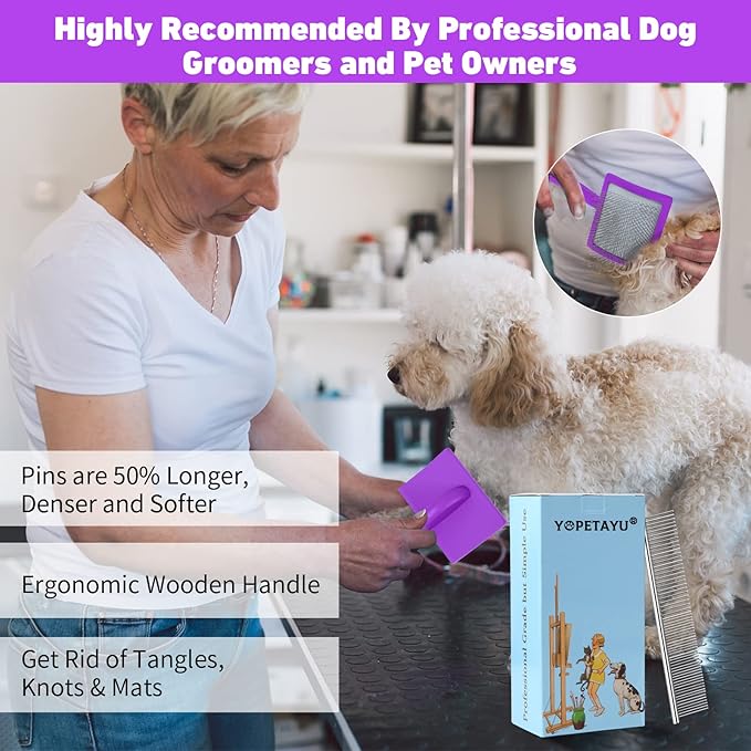 Dog Slicker Brush for Shedding and Grooming Medium or Long Haired Cats, Extra Long & Soft Pin Slicker Brush for Removes Loose Hair, Tangles, Knots, Undercoat, Free Pet Comb, Large Purple-Mewly Pet