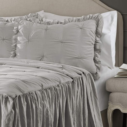 Lush Decor Ravello Pintuck Ruffle Skirt Bedspread Set - Luxe 3 Piece Ruffled Bedding Set - Traditional Glam & Farmhouse Inspired Bedroom Decor - King, Light Gray