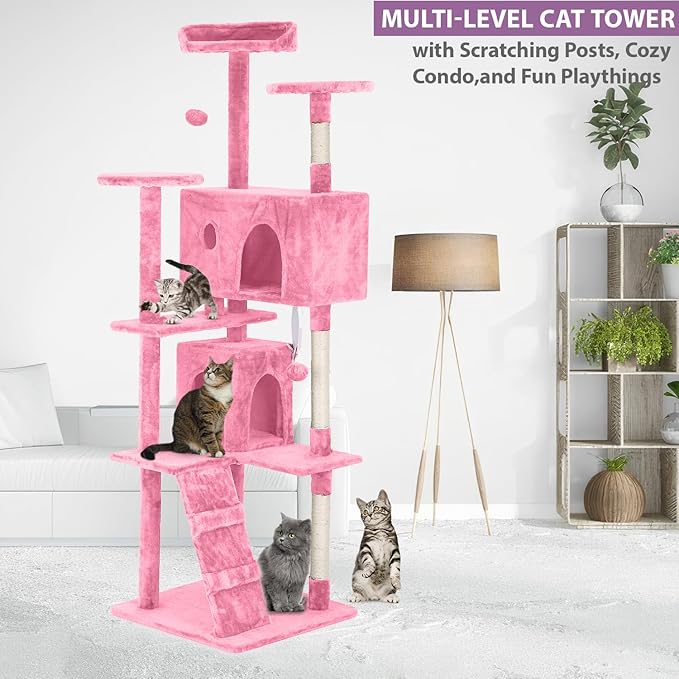 70 inches Cat Tower for Indoor Cats Multi-Level Cat Condos for XL Cat Tree Cat Climbing Tower with Scratching Posts, Hanging Toys,Pink-Mewly Pet
