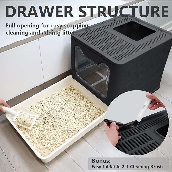 Foldable Cat Litter Box with Lid, Enclosed Potty, Large Top Entry Anti-Splashing Toilet, Easy to Clean Including Litter Scoop and 2-in-1 Cleaning Brush (Black)-Mewly Pet