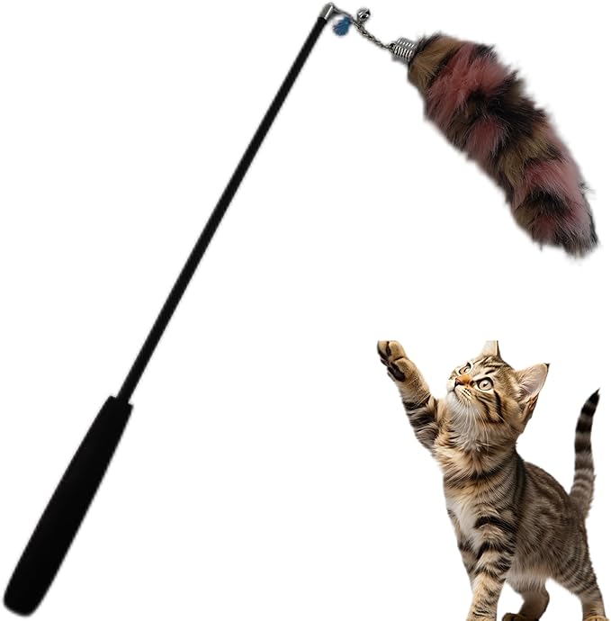 Interactive Cat Wand Toy with Cat Dancer, Retractable Feather Fox Tail Teaser for Indoor Cats, Enrichment Play Kittens to Senior Cats (Soft Pink)-Mewly Pet