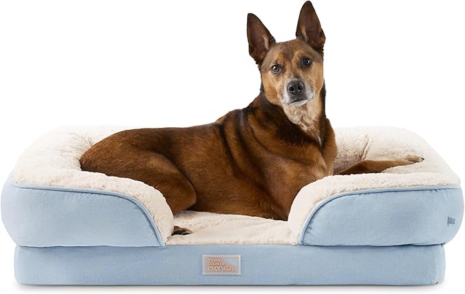 TOWN & COUNTRY EVERYDAY CuddleTown Comfy Solid Bolster Sofa Pet Bed, Supportive & Calming Egg Crate Foam, Non-Slip Bottom, Machine Washable Cover, Blue, Large 35"x25"x8"-Mewly Pet