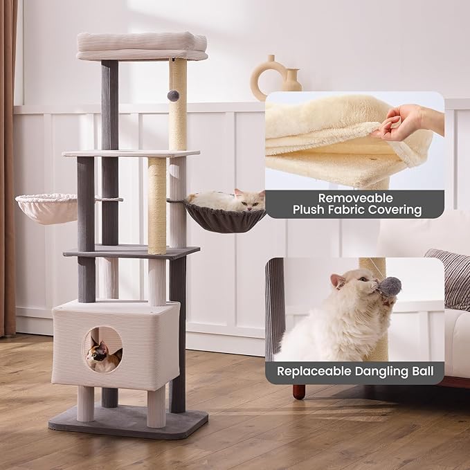 Gardner Pet 65in Heavy Duty Cat Tree Tower for Large Cats, Multi-Level Cat Furniture with Replaceable Sisal Scratching Post, Hammock | Extra-Large Platform & Condo Easy to Clean (Corduroy)-Mewly Pet