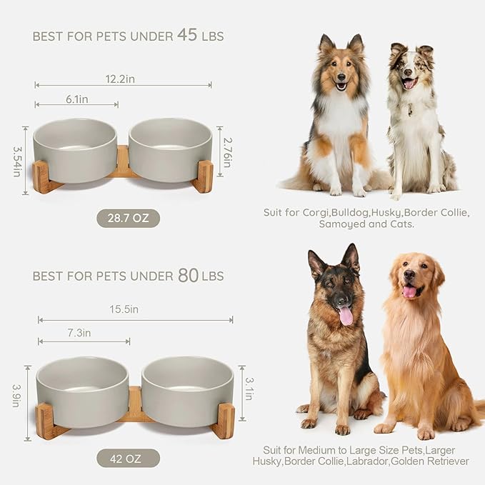 SPUNKYJUNKY Ceramic Dog and Cat Bowl Set with Wooden Stand, Modern Cute Weighted Food Water Bowl Set for Medium to Large Size Dogs (42 OZ, 2 × Grey)-Mewly Pet