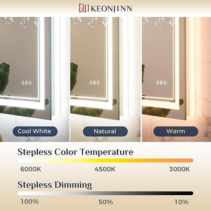 Keonjinn Bathroom LED Mirror 55" x 36" Front and Back Lights, Tempered Glass Stepless 3 Colors Temperature & Dimmable Large Wall Mirror, UL Listed LED Driver, Double Lighted Anti-Fog LED Vanity Mirror