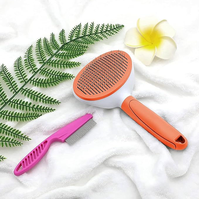 Cat Brushes for Indoor Cats, Dog Brush for Shedding with Metal Cat Comb, Self Cleaning Pet Hair Brush with Release Button for Grooming Kitten(Orange)-Mewly Pet