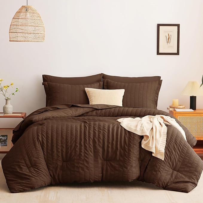 CozyLux Full Size Comforter Sets with Sheets 7 Pieces, Brown Seersucker Bed in a Bag Textured Luxury Soft Bedding Set with Down Alternative Comforter, Sheets, Pillowcases & Shams for All Seasons