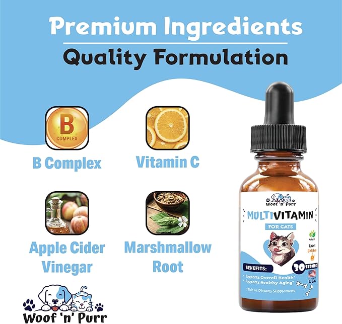 Cat Multivitamin - Promotes Healthy Skin & Coat, Joint Support, Longevity & More - Cat Vitamins - Cat Supplements & Vitamins - Cat Vitamins for Indoor Cats - Kitten Vitamins - Cat Immune Support - 1oz-Mewly Pet