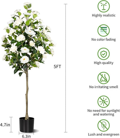 Artificial Camellia Tree 2 Pack, Artificial Plants Outdoor Faux Floral Plant in Cement Pot Fake Silk Camellia Tree Plants for Home House Living Room Office Decor