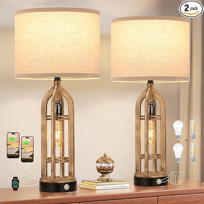 Seealle Table Lamp for Living Room Set of 2 - Wood-Like Bedside Lamp for Bedroom with USB C+A & Outlet, Farmhouse Lamps for Night Stands, 3-Way Dimmable Touch Lamps for Living Room