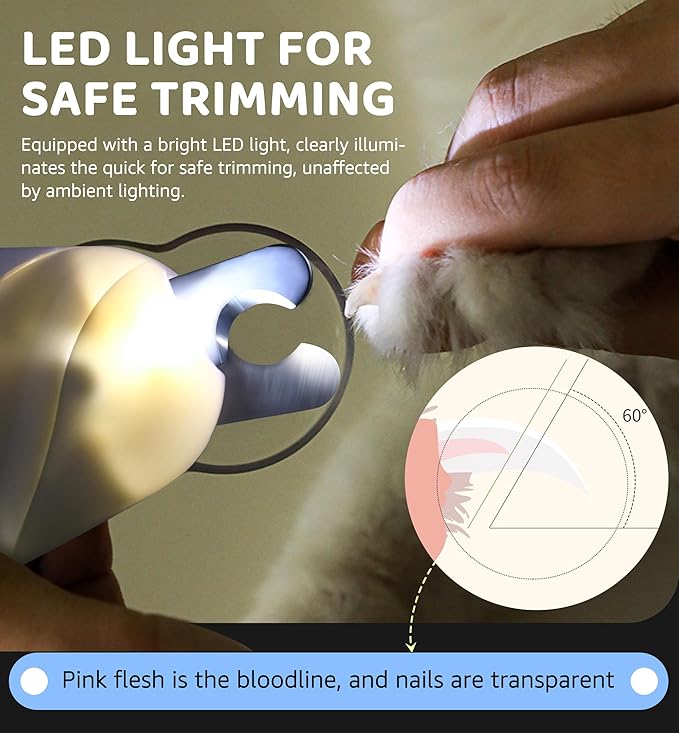 Pet Nail Clipper with Light for Cats & Small Dogs Puppies, Ultra Bright LED to Illuminate Nail Bloodline to Avoid Over Cutting, Extra-Sharp and Durable Cat Claw Trimmer with Nail File (White)-Mewly Pet