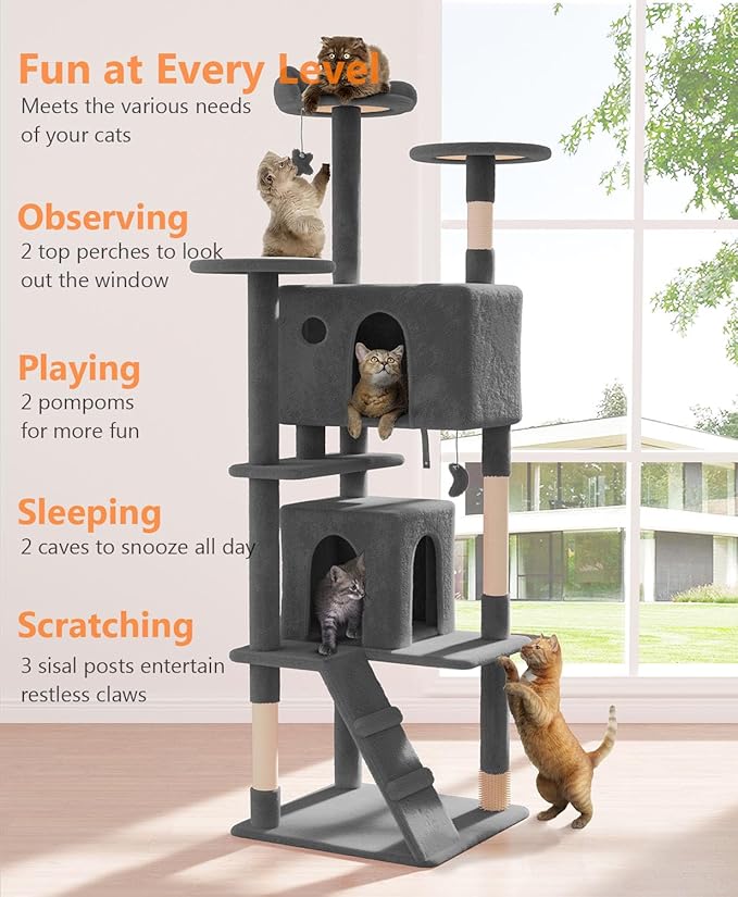 77'' Cat Tree Tower for Indoor Cats Large Adult, Cute/Tall Modern Cat Tree for Big Cats 20 lbs, Plush Multi-Level Cat Condo with Scratching Posts, Dangling Ball (Smoky Gray, 77 inch)-Mewly Pet