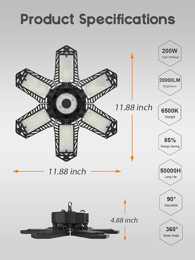 SEOBIOG LED Garage Lights 4 Pack, 200W 20000LM Plug in Linkable LED Shop Light, 6500K Ceiling Light Fixtures with 6+1 Deformable Panels for Garage, Work Bench (Built-in ON/Off Switch)