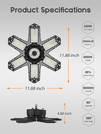 SEOBIOG LED Garage Lights - 6 Pack, 200W 20000LM Plug-in Shop Light with 6+1 Deformable Panels for Garage, Warehouse, Barn, Basement (Built-in ON/Off Switch)
