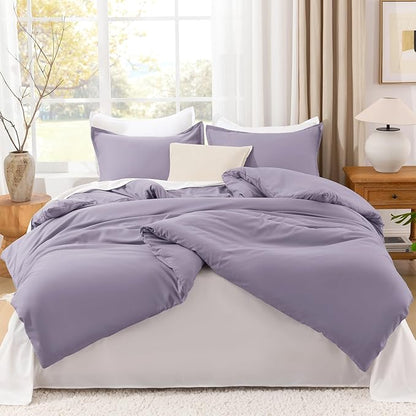 Litanika Grayish Lavender Purple Comforter Set Queen Size, 3 Pieces Lightweight Solid Bedding Comforter Set, All Season Fluffy Bed Set (90x90In Comforter & 2 Pillowcases)