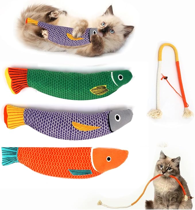 Cat Toys for Indoor Cats, 3 Catnip Fish Kicker with Little Bell Sound and Bonus Rope Toy, Soft and Durable Interactive Cat Fish for Kitten Exercise, Teething, and Play-Mewly Pet