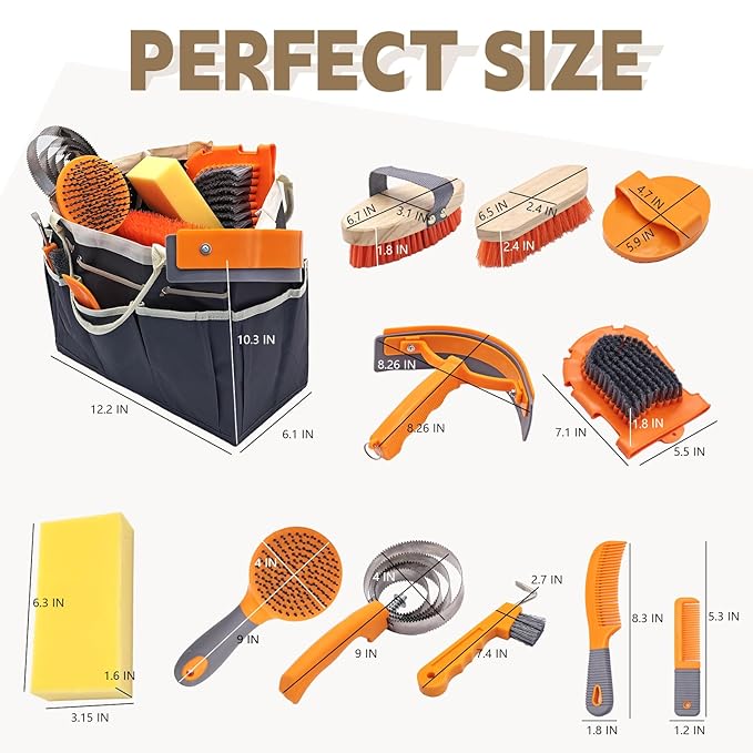 Horse Grooming Kit, Horse Grooming Supplies Includes 12 Horse Hair Care Tools Such as Handbag, Horse Brush, Horse Comb, Hoof Pick, Sweat Scraper, Etc., Suitable Gifts for Horse Riding Enthusiasts-Mewly Pet