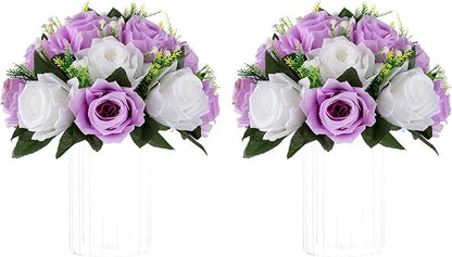 NUPTIO Flower Wedding Centrepieces for Tables - 2 Pcs 9.5in Diameter Lilac & White Artificial Flowers Rose Ball for Centerpieces Table - Fake Rose Arrangements for Weddings Birthday Party Decor
