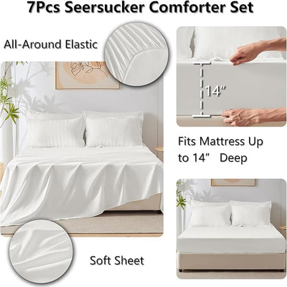 CozyLux Oversized Queen Comforter Set White Seersucker 7 Pieces 98x98 Bed in a Bag Comforter Set with Sheets, Luxury Soft Bedding Sets with Down Alternative Comforter, Sheets, Pillowcases & Shams