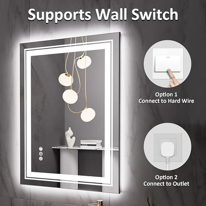 32" x 24" LED Bathroom Mirror with Lights, Front and Backlit Mirror, Anti-Fog Lighted Vanity Mirror, Stepless Dimmable, 3 Colors LED Mirror (Horizontal/Vertical)