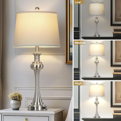 28.75" Silver Table Lamps for Living Room,Touch Lamps for Bedrooms Set of 2 - Nightstand Table Lamp with USB C+A, 3 Way Dimmable Bedside Lamps End Tables Brushed Nickel