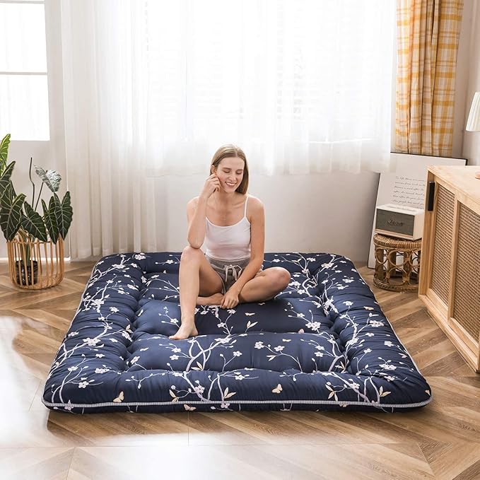 MAXYOYO Navy Floral Printed Japanese Floor Mattress Rustic Style Futon Mattress Foldable Bed Roll Up Camping Mattress Floor Lounger Bed Couches and Sofas Mattress Topper King Size