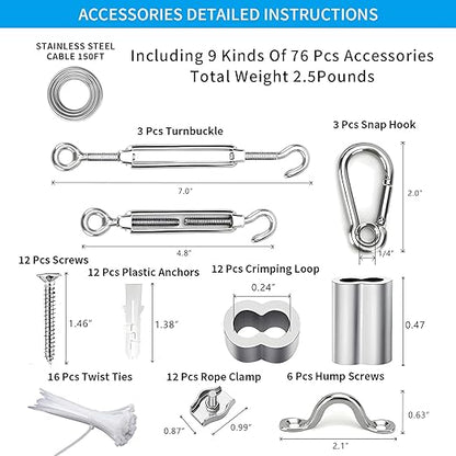 Globe String Light Suspension Kit, Outdoor Light Guide Wire, Vinyl Coated Stainless Steel Steel Cable，Include 150ft Transparent PVC and 304 Stainless Steel Wire Cable, Turnbuckle and Hooks