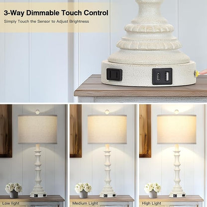 27.5" Tall Table Lamp for Living Room Set of 2, Vintage Farmhouse Table Lamps with USB C+A Ports, 3-Way Dimmable Touch Bedside Lamps, Tradition Bedroom Lamps for Nightstand Side End Table Desk, White