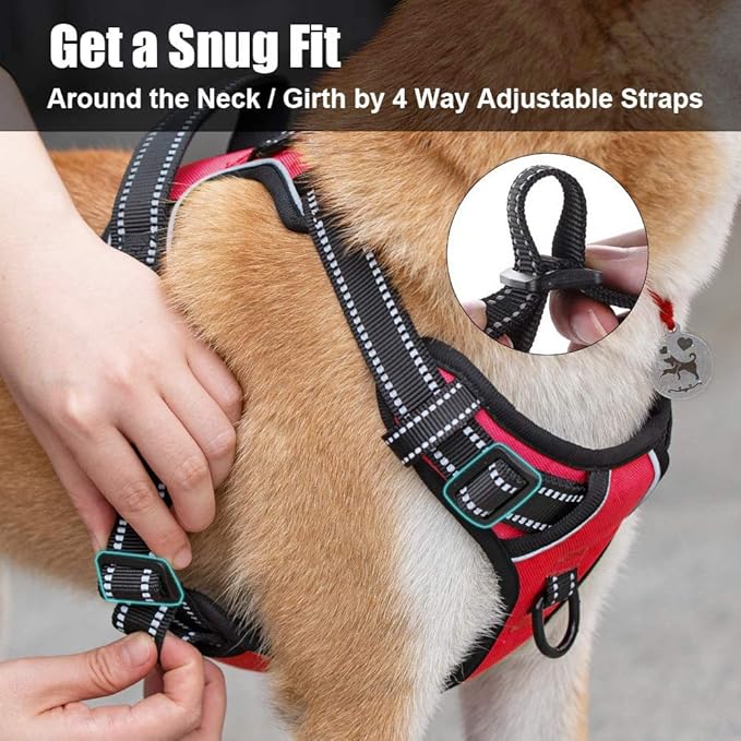 PoyPet No Pull Dog Harness, Reflective Comfortable Vest Harness with Front & Back 2 Leash Attachments and Easy Control Handle Adjustable Soft Padded Pet Vest for Small to Large Dogs (Red,XL)-Mewly Pet