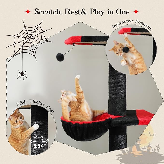 PAWZ Road Gothic Cat Tree, Floor to Ceiling Cat Tower with Adjustable Height (86.8-120 Inches), 5 Tiers Black Cat Condo with Cozy Hammock, Fully Scratching Posts and Dangling Balls for Indoor Cats-Mewly Pet