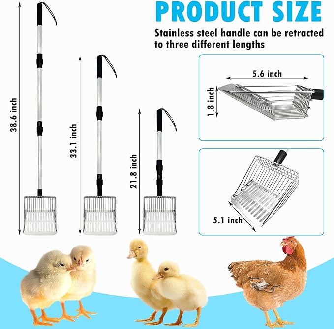 PINVNBY Stainless Steel Chicken Poop Scooper 3 in 1 Adjustable Long Handle Poop Scooper for Chicken(21.8" to 38.6") Multifunctional Chicken Coop Cleaning Tools Sifting Shovel Chicken Coop Accessories-Mewly Pet